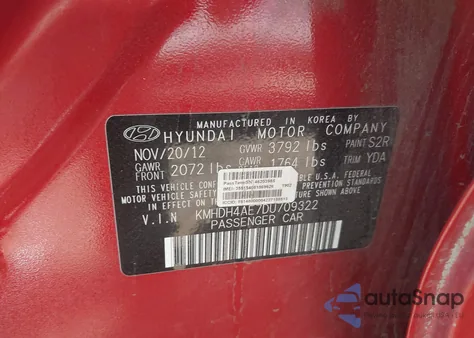 2013 Hyundai Elantra Gls из США, поврежденный, VIN KMHDH4AE7DU709322